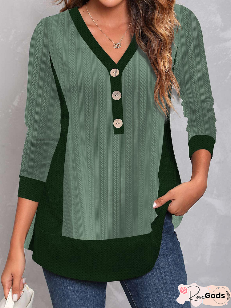 Plain Buttoned V Neck Regular Fit Casual Tops