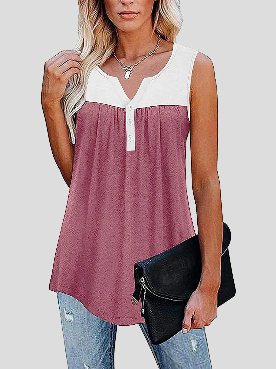 Sleeveless V-Neck Button Paneling Tank Tops