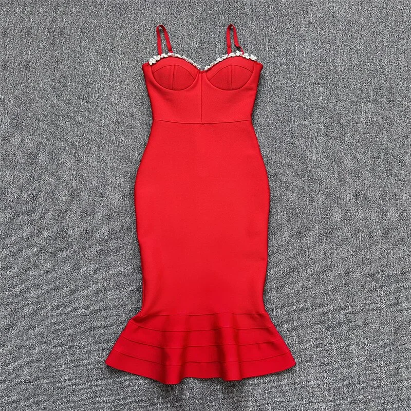 Spaghetti Strap Mermaid Bandage Dress Diamonds Strapless Women Bodycon Celebrity Evening Party Club Ladies Dre. ss Elegant