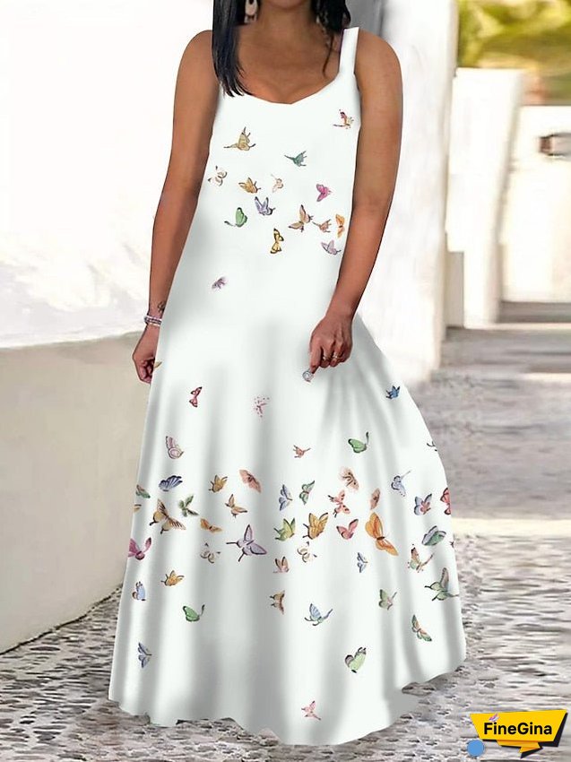 Women's Plus Size Casual Dress Swing Dress Tank Dress Butterfly Long Dress Maxi Dress Sleeveless Print V Neck Modern Daily White Blue Summer Spring L XL XXL 3XL 4XL