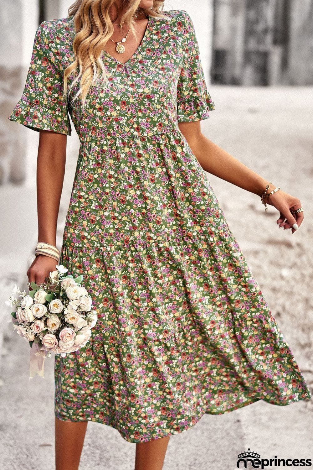 Floral V-Neck Flounce Sleeve Midi Dress