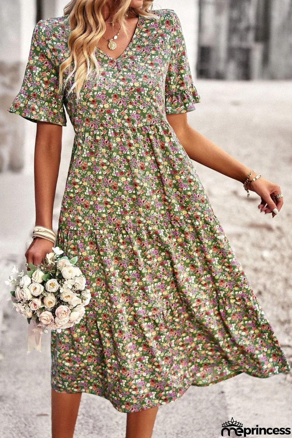 Floral V-Neck Flounce Sleeve Midi Dress