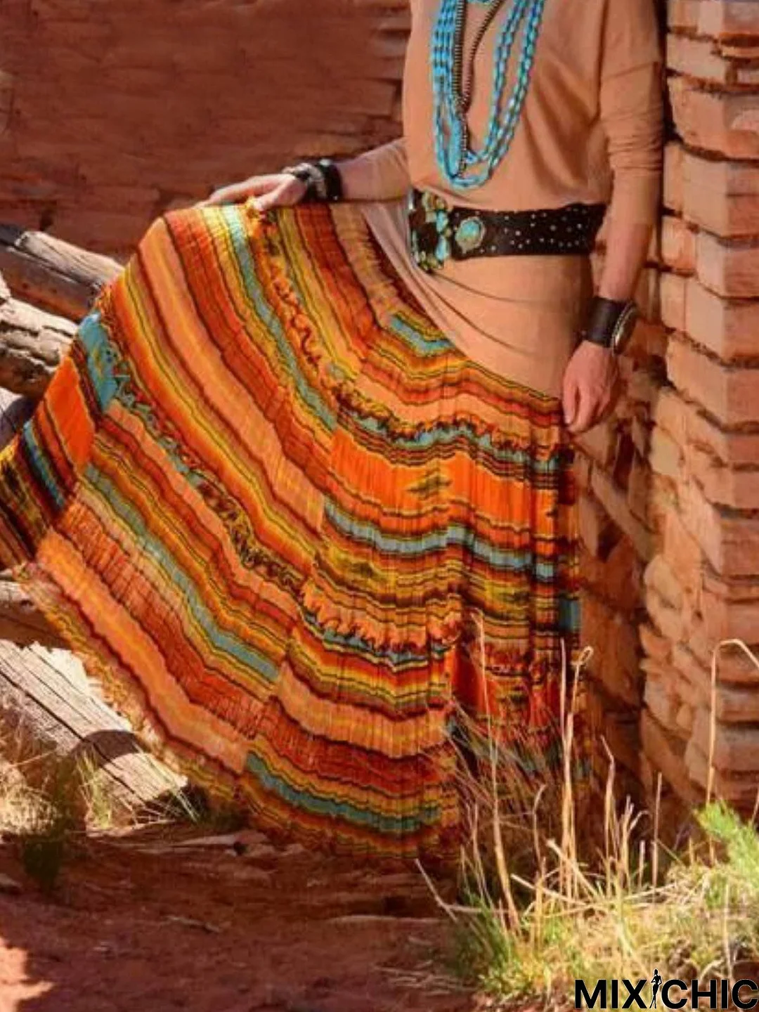 Cotton-Blend Color-Block Casual Skirt