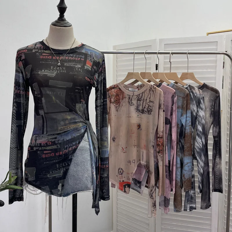 Uveng Vintage Tie-Dye-Print Net Yarn Jersey Long-Sleeved Top Irregularly T-Shirt With Thin Short T-Shirt 1919