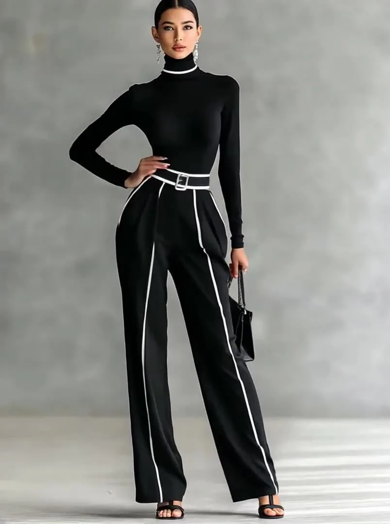 Casual Color-Block Turtleneck Two Piece Set