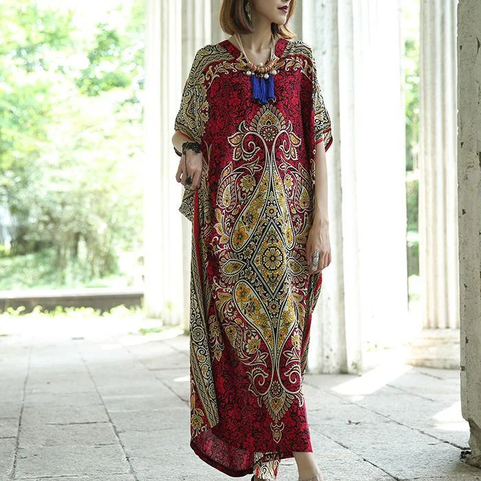 French red print tunic dress v neck pockets summer Dress
