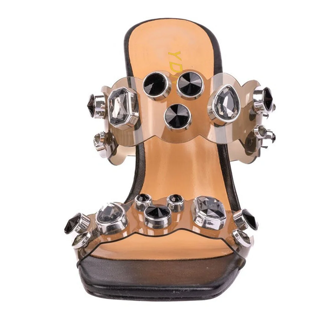 Black Vegan Leather Square Toe Rhinestone Embellished Decorative Heels