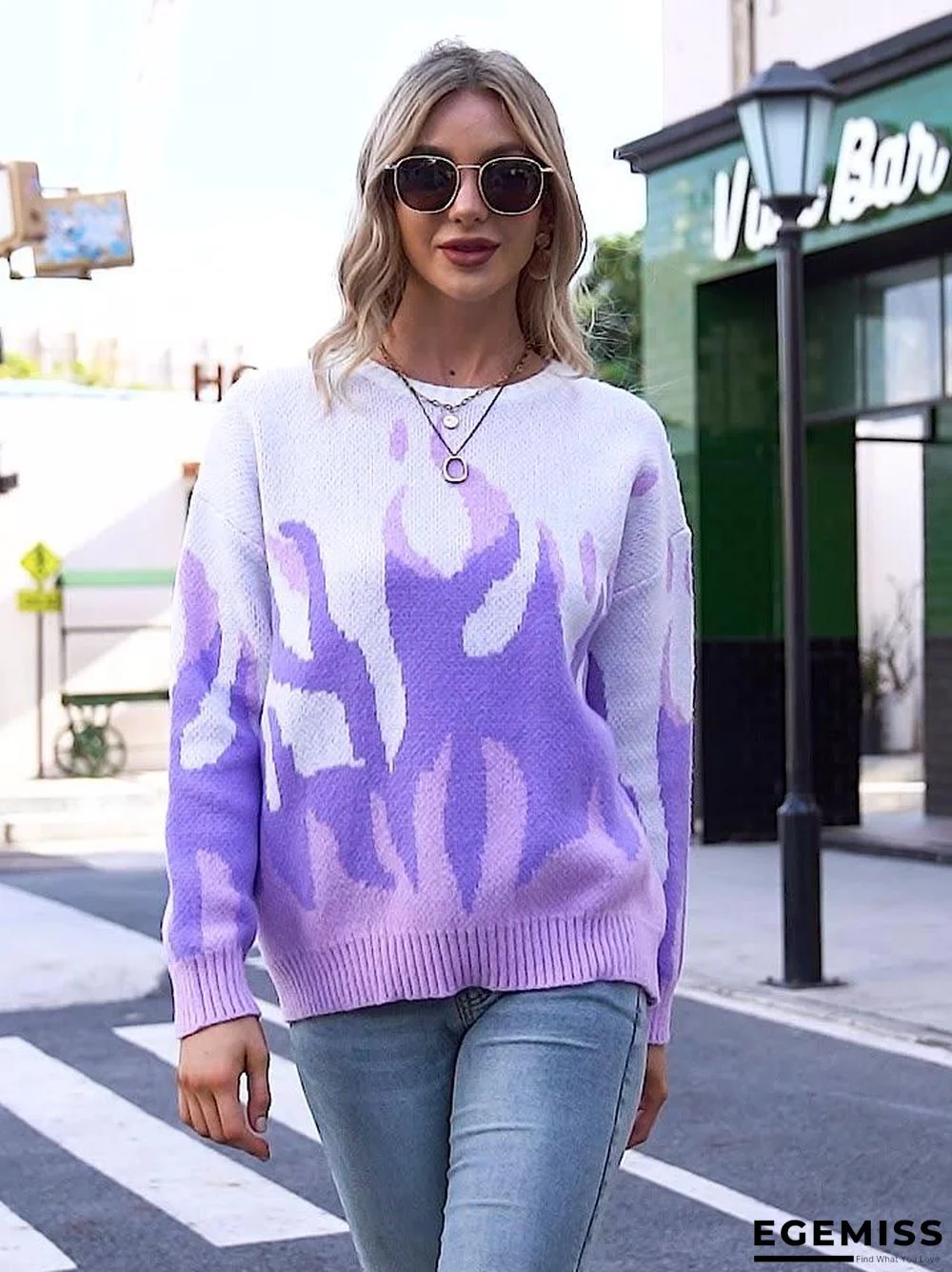 Printed Crew Neck Casual Long Sleeve Sweater | EGEMISS