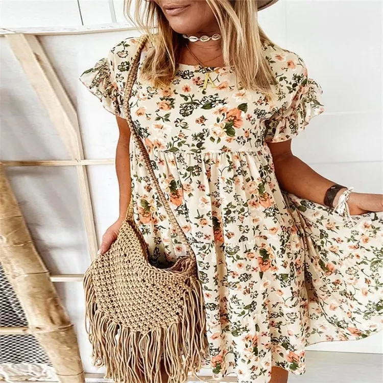 Spring and Summer Round Neck Flower Print Short Sleeve Loose Dress-vocosishoes