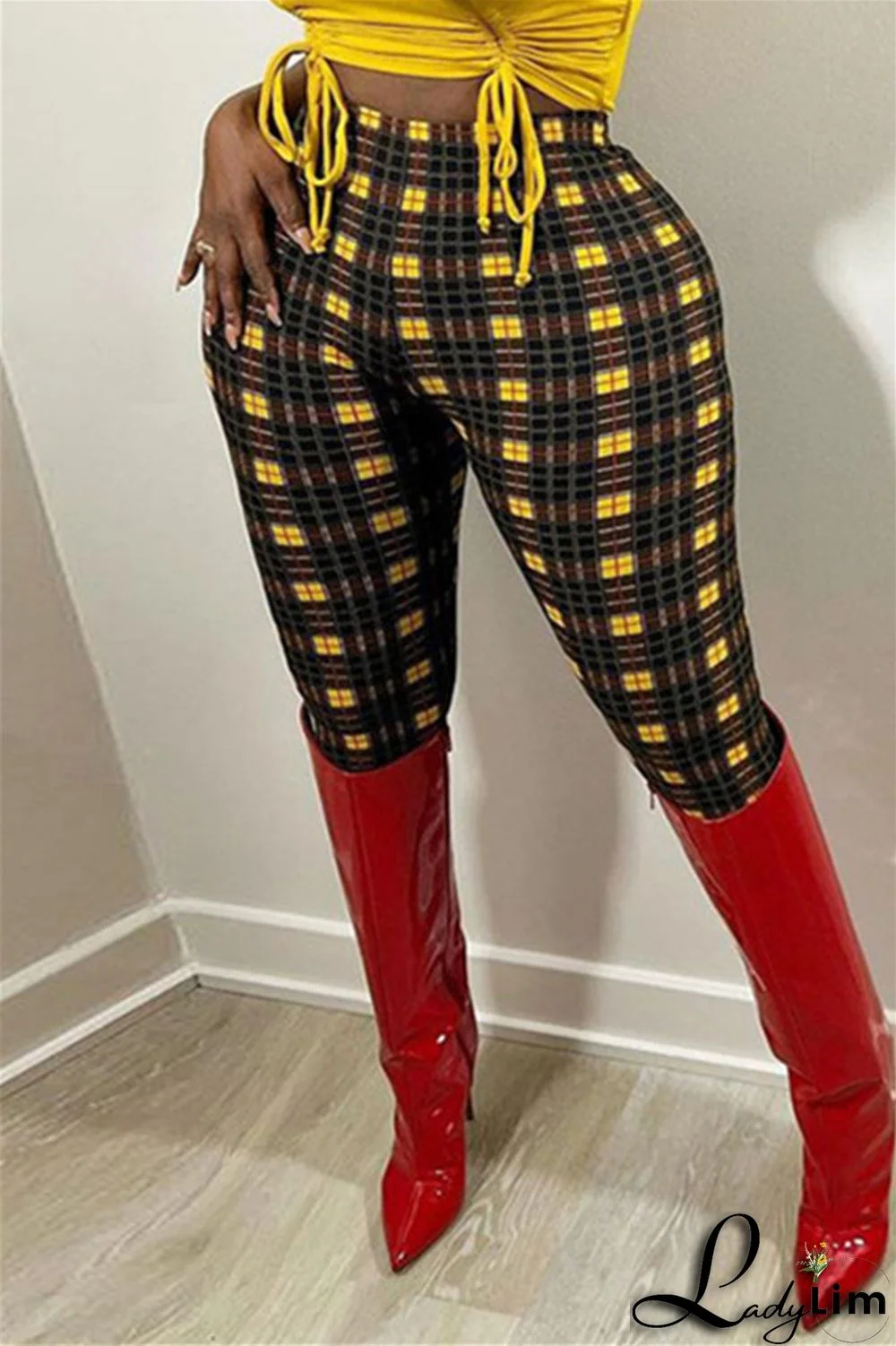 Yellow Fashion Casual Print Basic Skinny High Waist Pencil Trousers