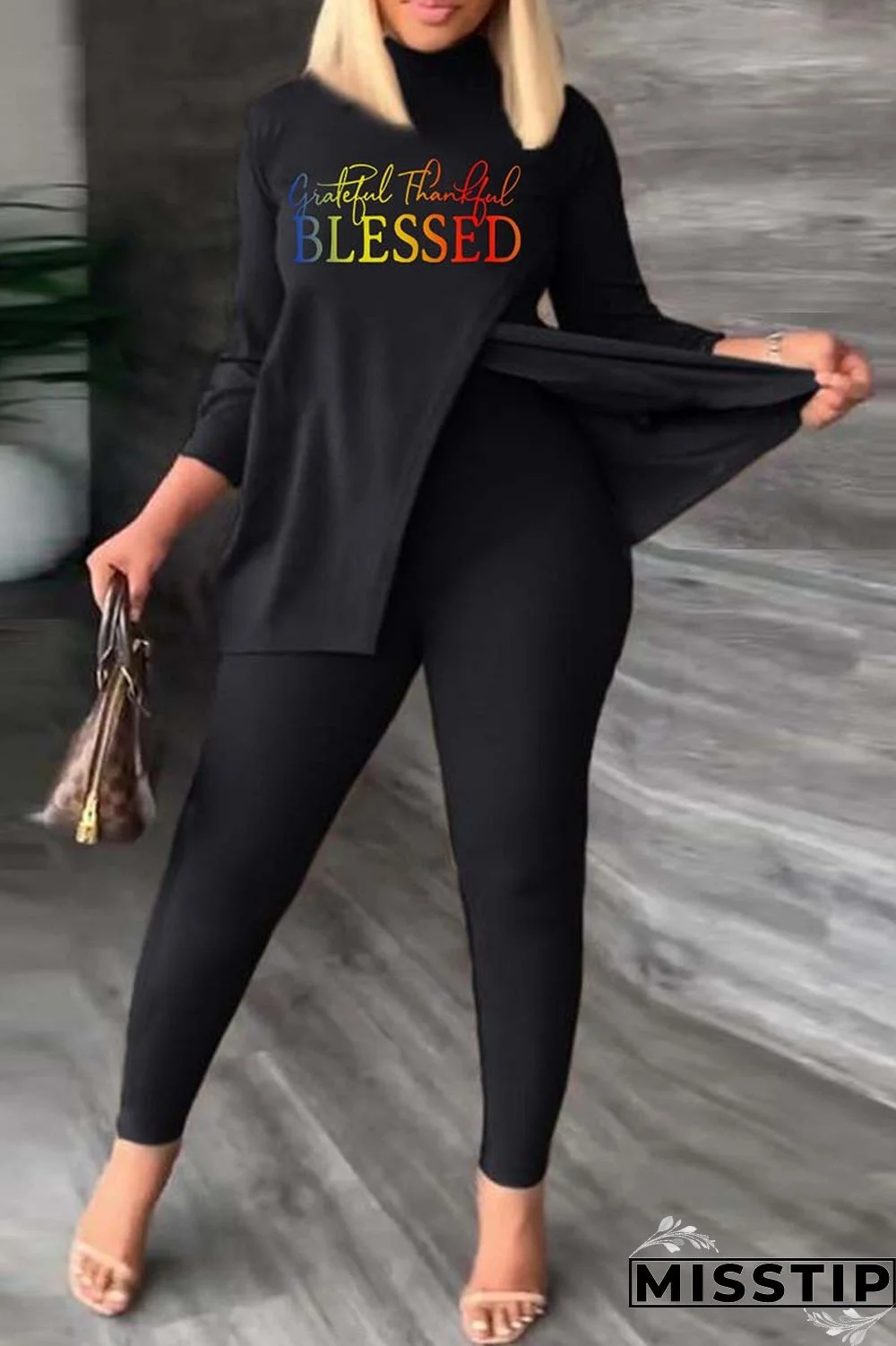 Black Green Casual Print Slit Turtleneck Plus Size Two Pieces