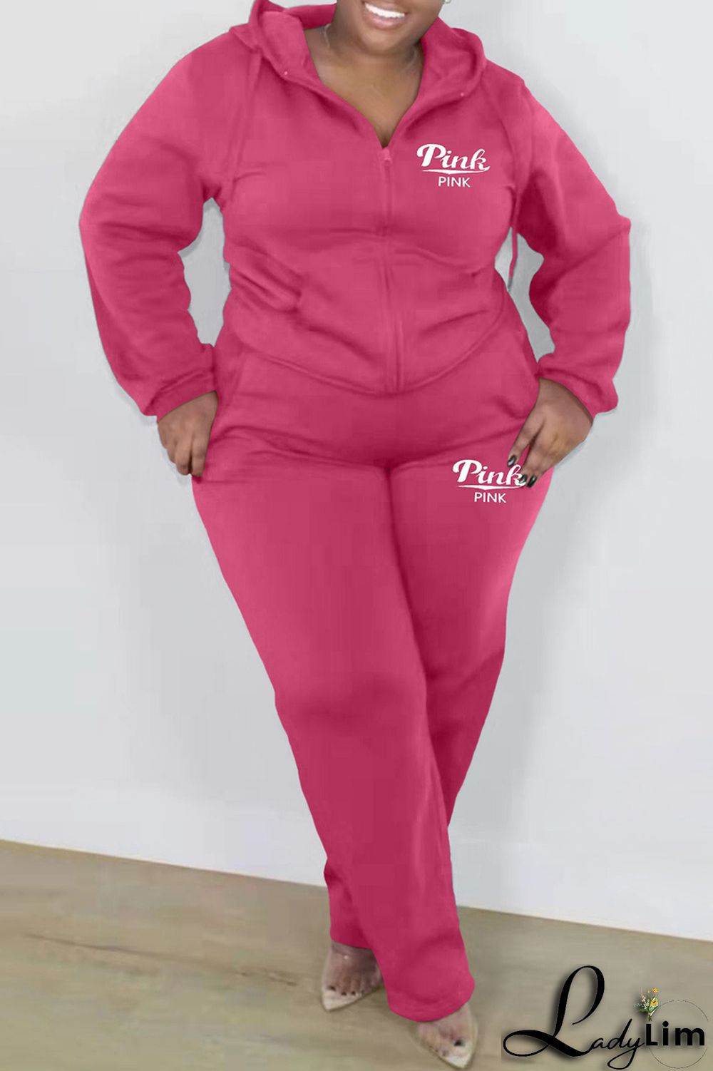 Black Fashion Casual Letter Print Basic Hooded Collar Plus Size Two Pieces