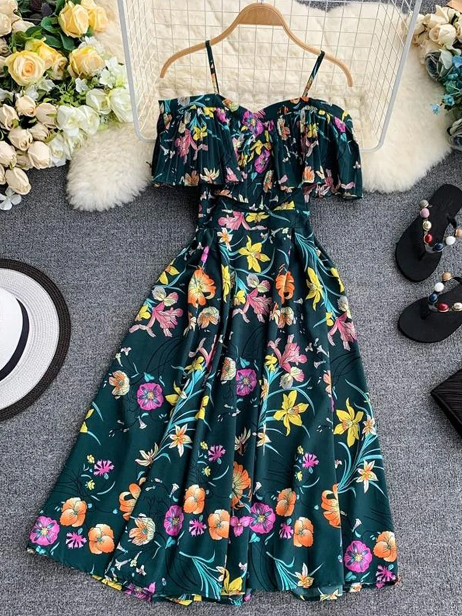 Boho Ruffles Vintage Floral Print Summer Off Shoulder Midi Long Dress