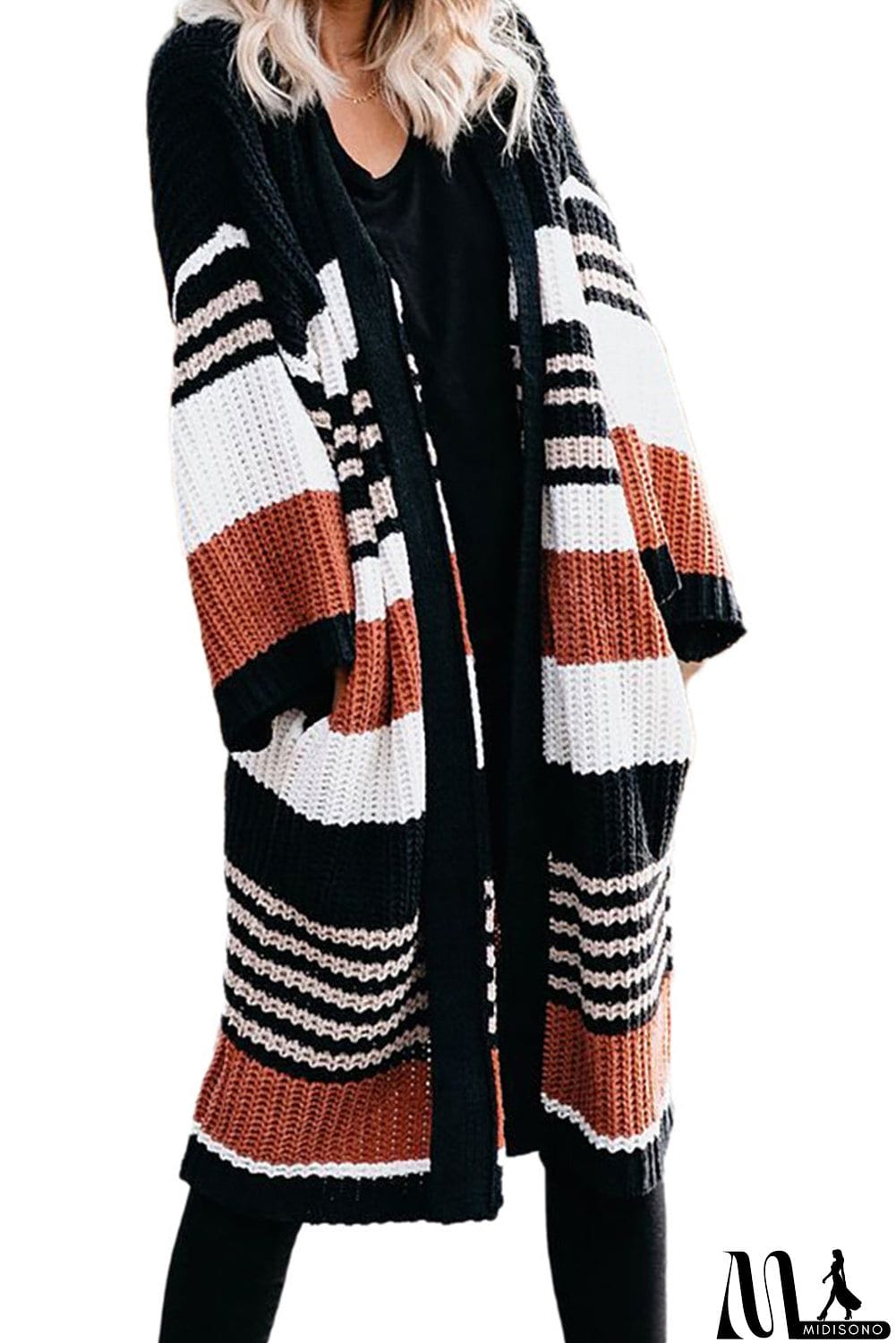 MidiSono - Pocketed Novelty Striped Chenille Cardigan