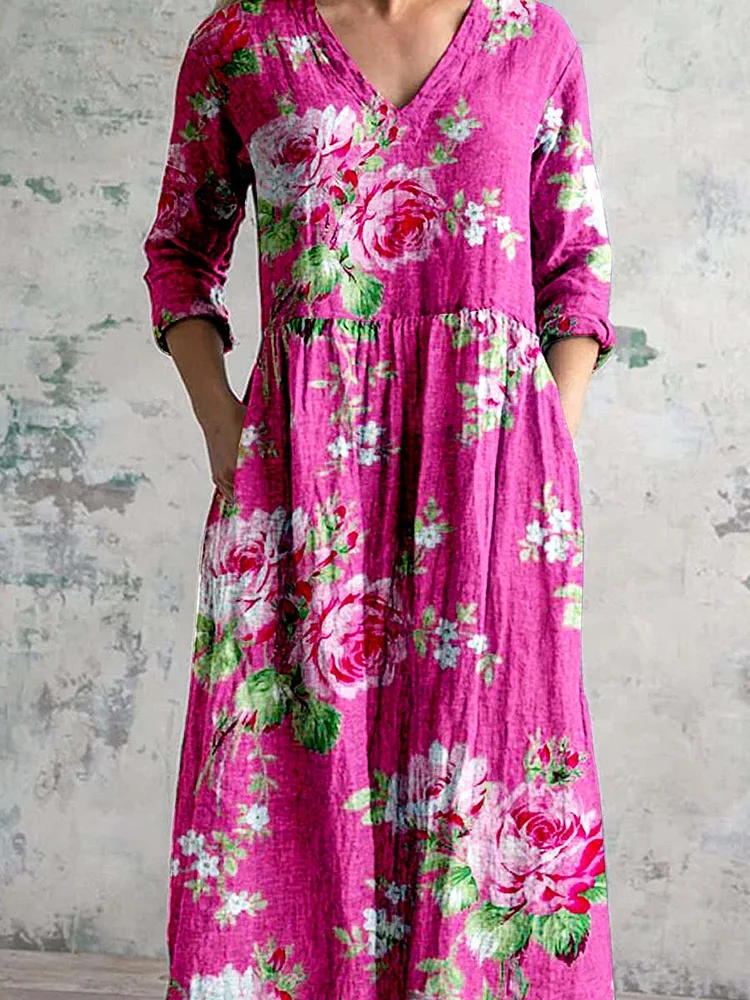 Women's V Neck Art Rose Floral Pattern Dress With Pockets