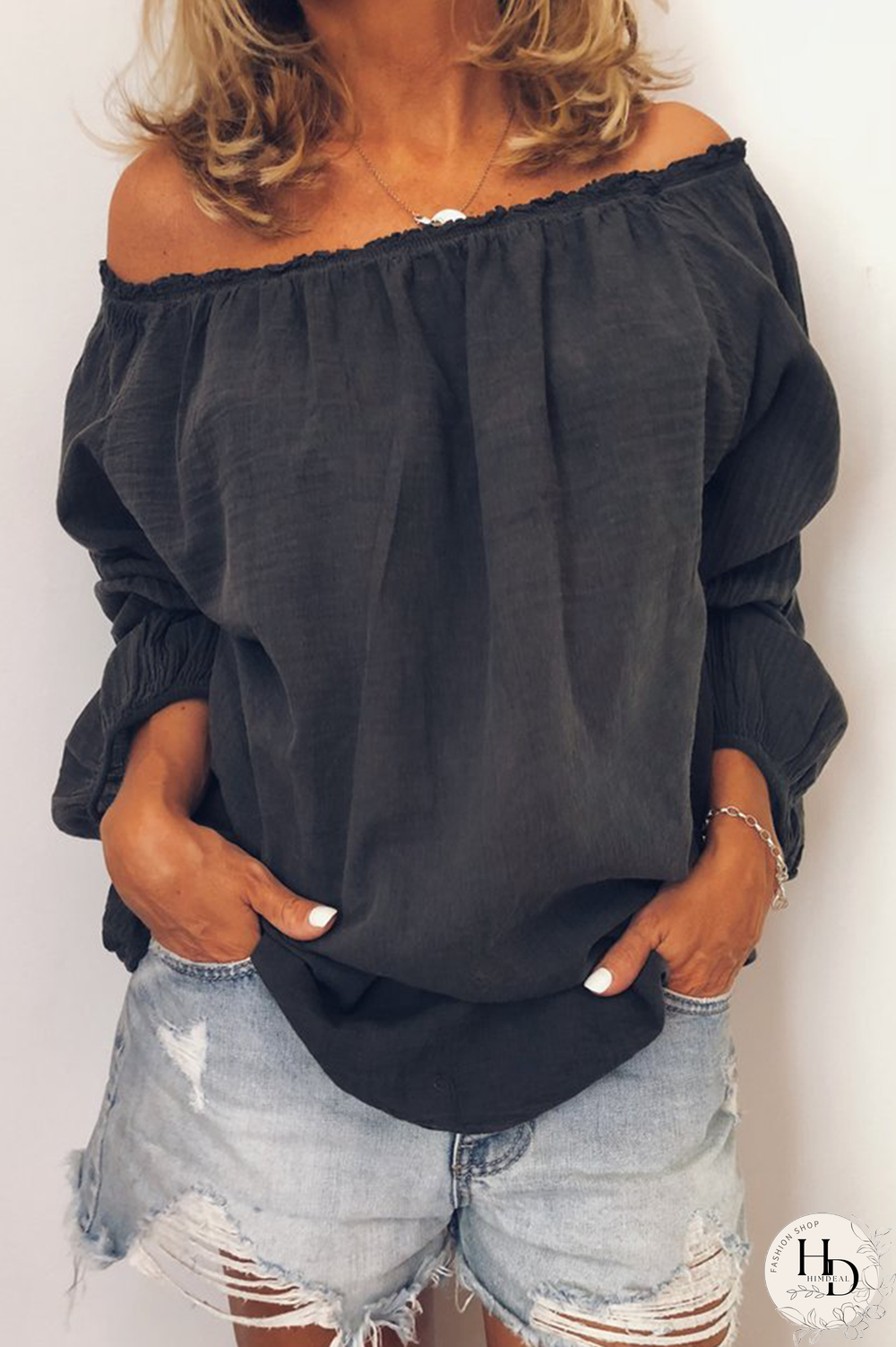 Casual Solid Stringy Selvedge Off the Shoulder Tops(3 Colors)