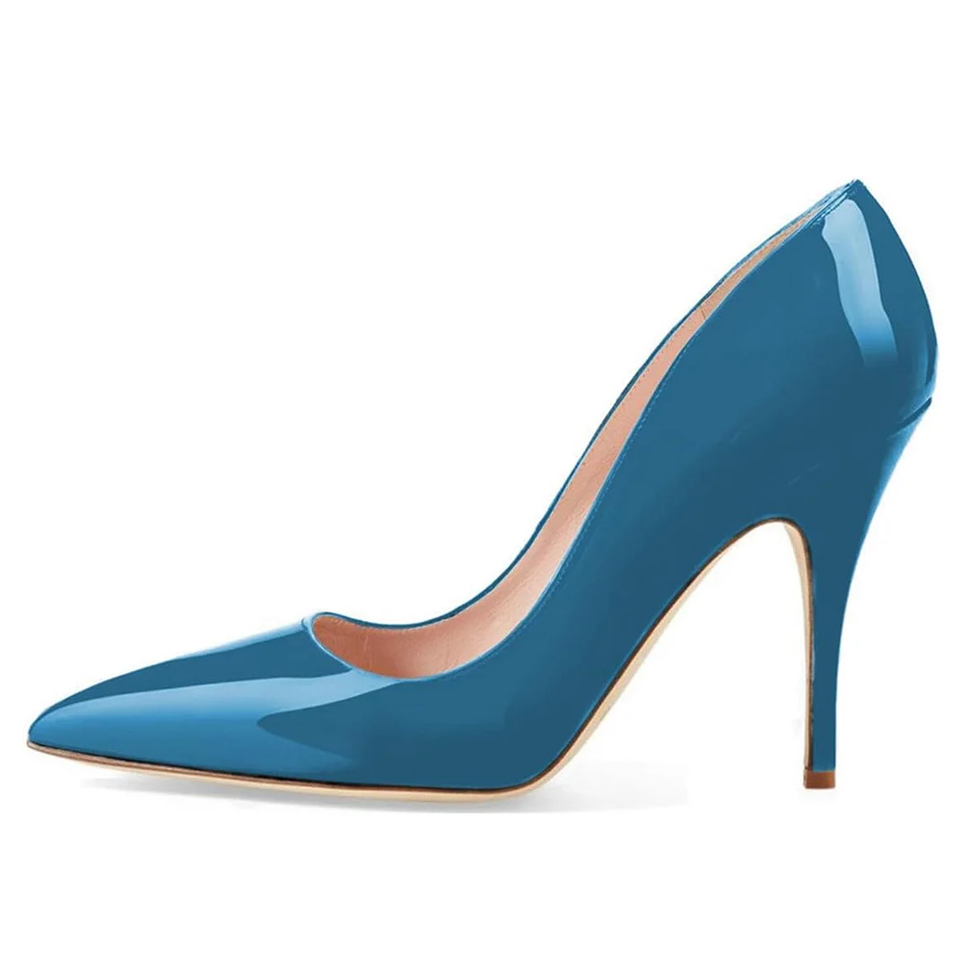 Blue Patent Leather Pointed Toe Stiletto Heel Simple Pumps Shoes