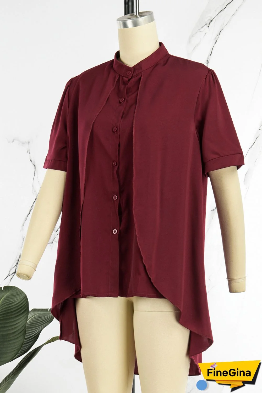 Burgundy Casual Solid Patchwork Shirt Collar Tops