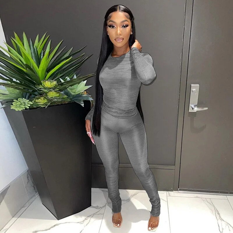 BIIKPIIK Autumn Solid Two Piece Sets Women Pencil Pant Suits Skinny Casual Pullover Tops & Elastic Leggings All-match Clothes