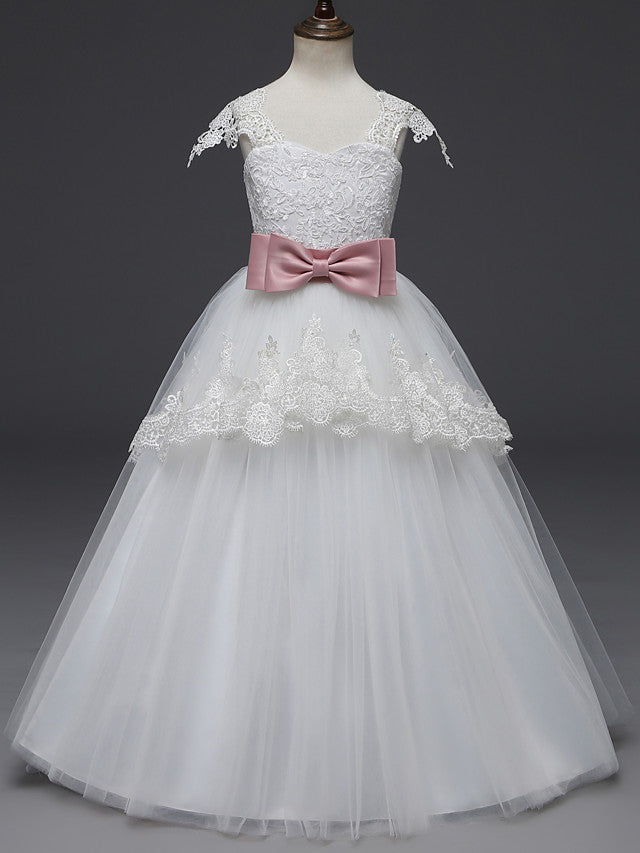 Oknass  Long Length Cap Sleeve Scoop Neck Flower Girl Dresses Lace Tulle With Belt  Appliques