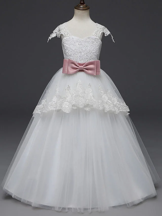 Hellodresses  Long Length Cap Sleeve Scoop Neck Flower Girl Dresses Lace Tulle With Belt  Appliques