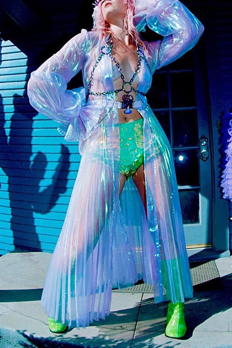Iridescent Sheer Organza Bishop Tulle Sleeve Robe