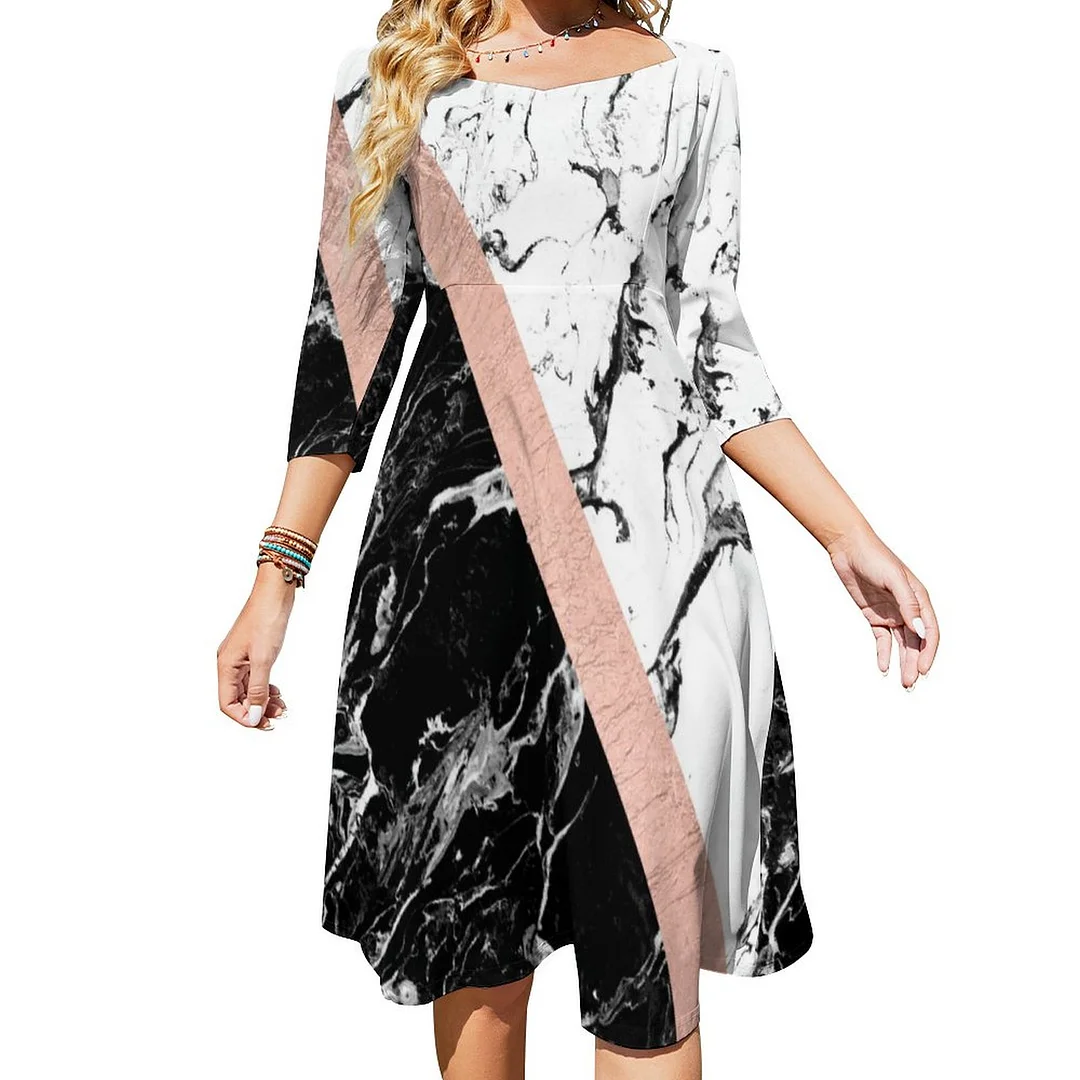 Chic Black White Marble Color Block Rose Gold Dress Sweetheart Tie Back Flared 3/4 Sleeve Midi Dresses