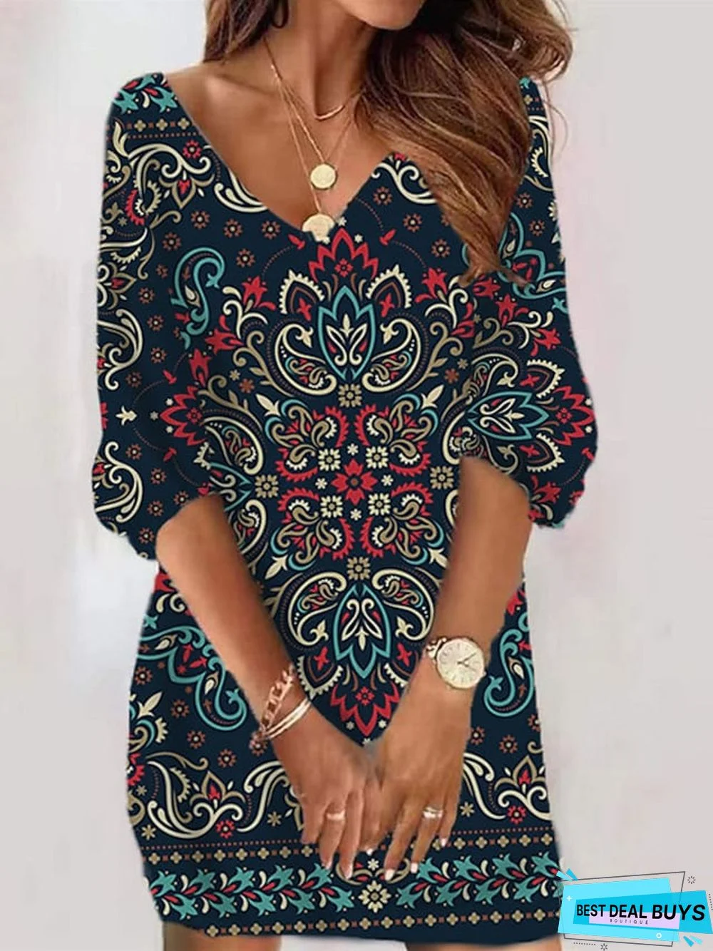 Women's Casual Dress Bodycon Ethnic Dress Mini Dress Black Purple 3/4 Length Sleeve Floral Print Winter Fall Autumn V Neck Vacation Loose Fit 2023 S M L XL XXL 3XL