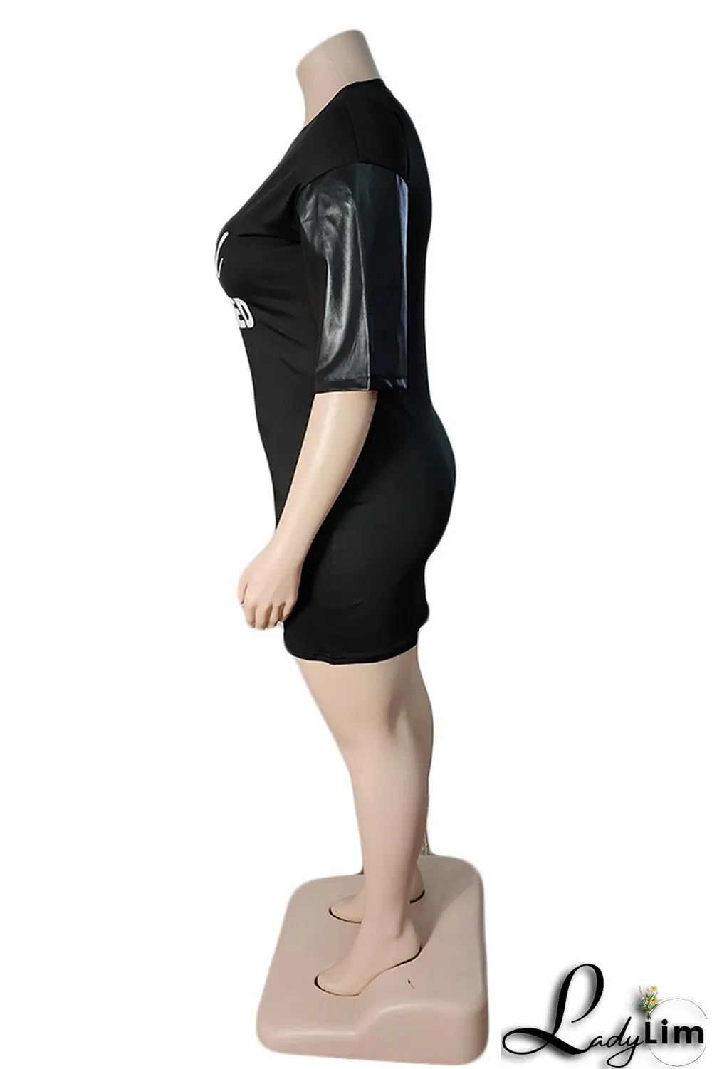 Black Fashion Casual Plus Size Letter Print Split Joint O Neck Short Sleeve Dress