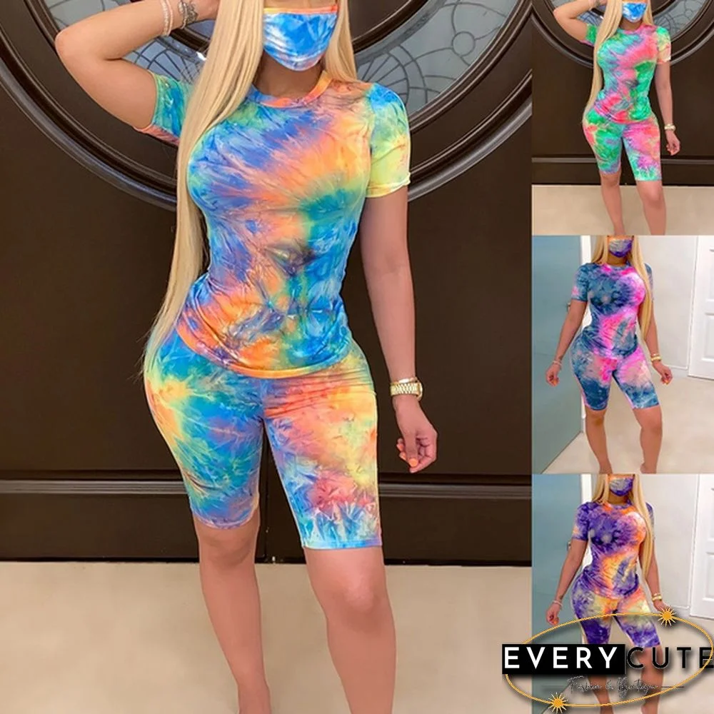 Women Fashion Sexy Tie Dye Printed Two Piece Sets Summer T-Shirt + Shorts 2 Piece Set Slim Fit Outfit Suits
