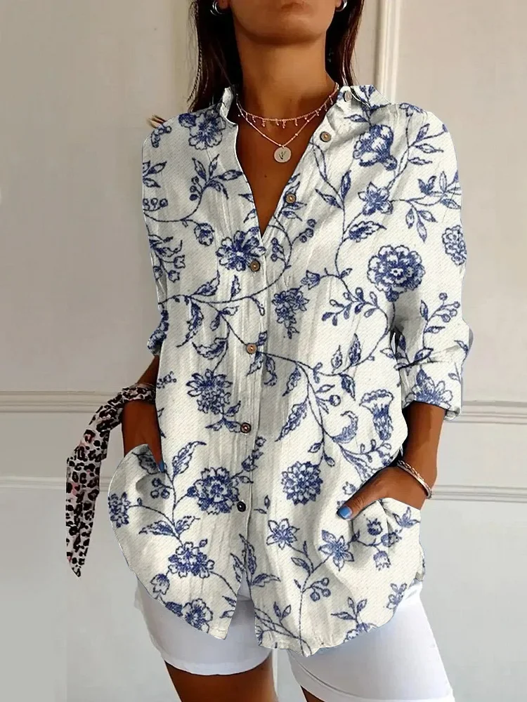 Vintage Floral Print Casual Long Sleeve Shirt