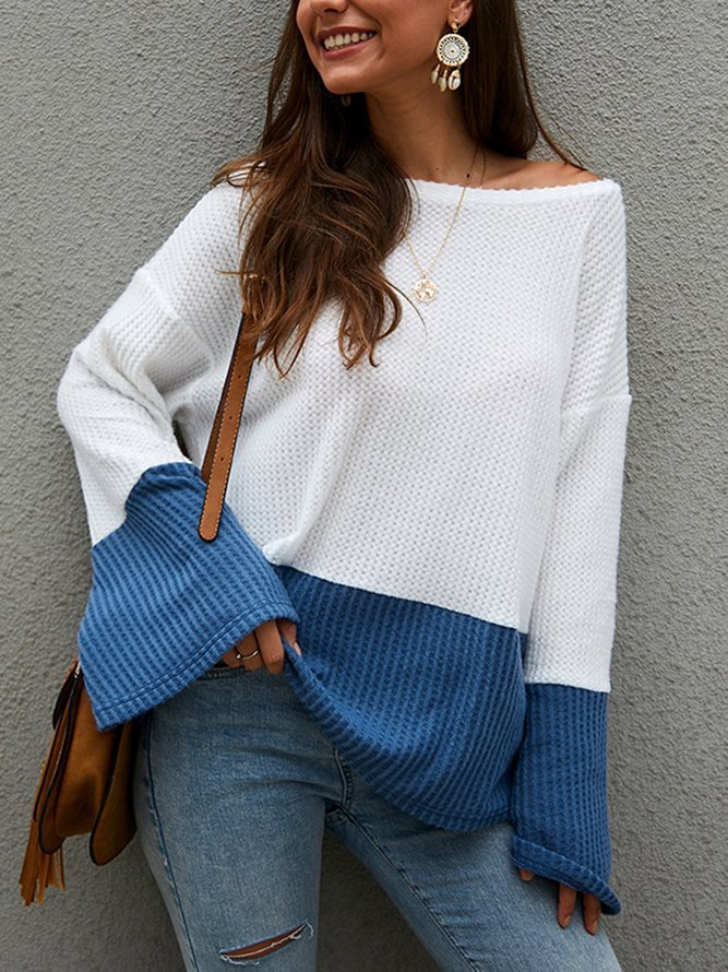 Casual Bell Sleeve Color-Block Sweater