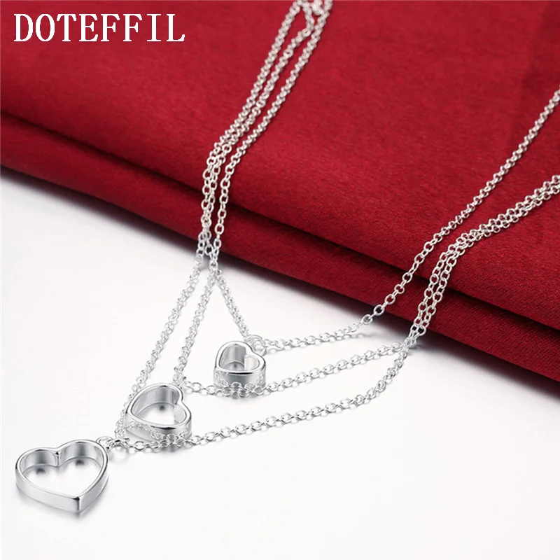 DOTEFFIL 925 Sterling Silver Three Chain Heart Pendant Necklace For Women Jewelry