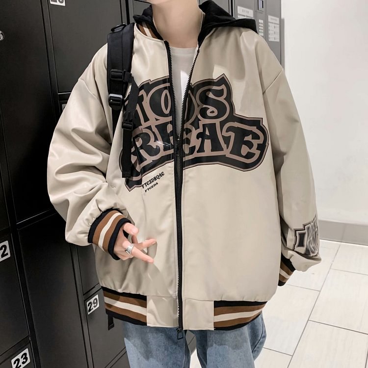 Leather street casual zipped hooded jacket