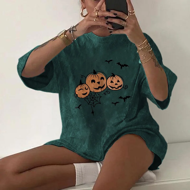   Halloween Funny Pumpkin Bat Spider Web Print T-shirt - Neojana