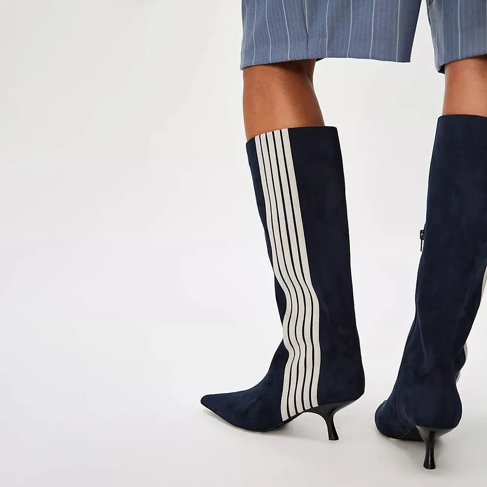 Navy Pointed Toe White Stripes Kitten Heel Zip Below The Knee Boots
