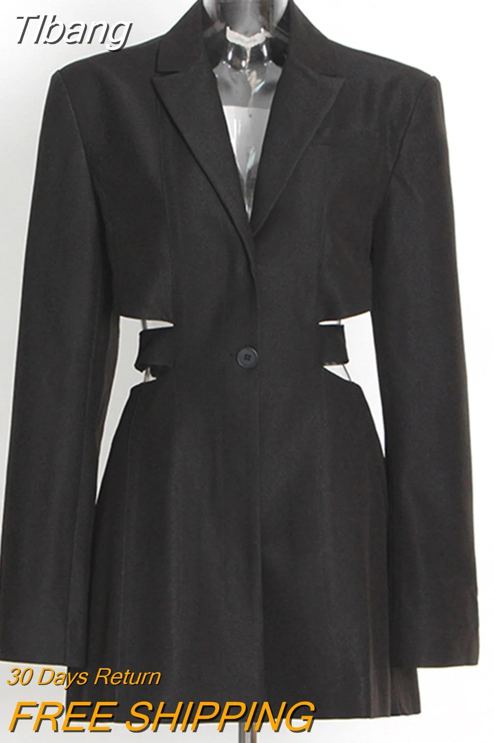 Tlbang V Neck Hollow Out Long Sleeve Blazer Dress Elegant Black Khaki Single Button Cutout Design Mini Dress Catwalk Party Club