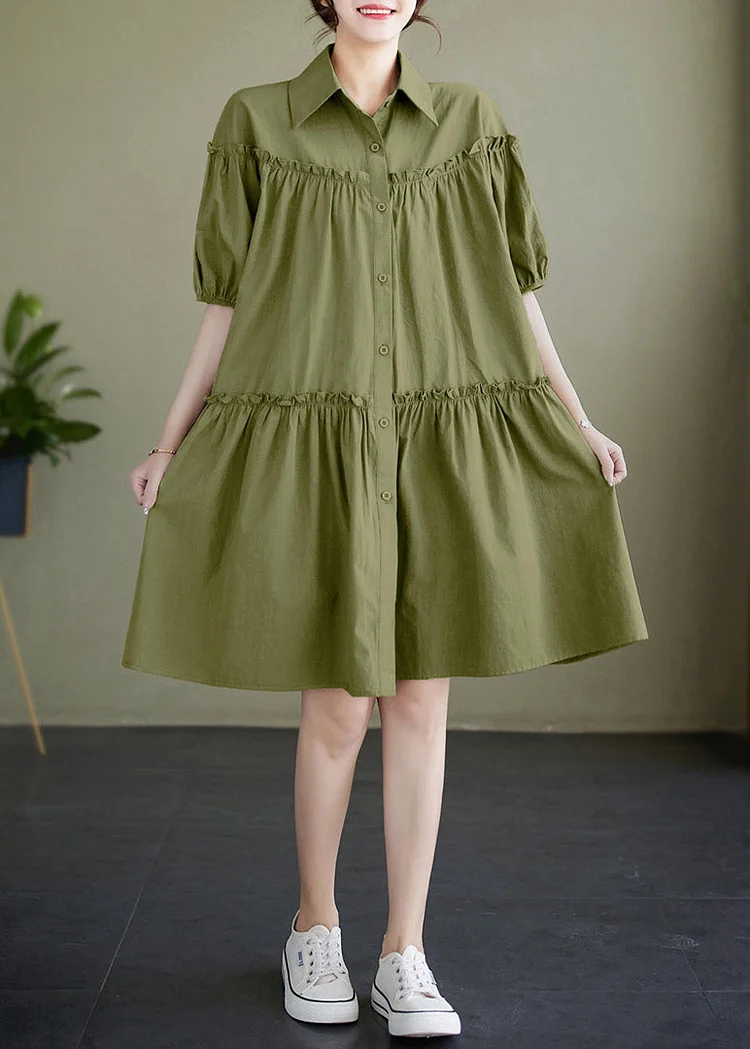 Boho Green Ruffled Patchwork Wrinkled Solid Cotton Mid Dress Summer