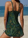 Dark Green Plant Leaves Art Print Pleated Drawstring V-neck Tankini Pantskirt Set Swimsuit