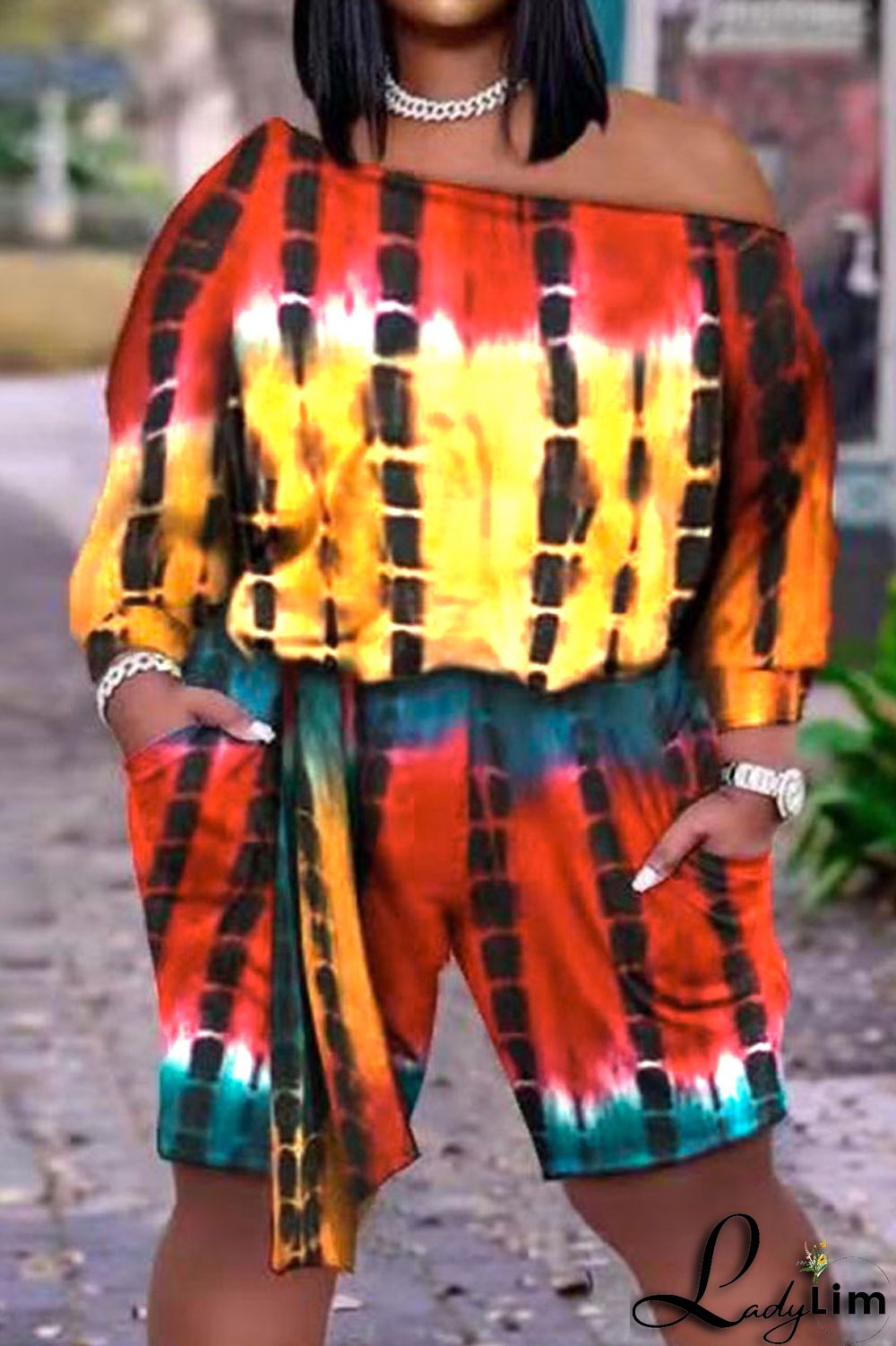 Red Casual Print Patchwork Off the Shoulder Plus Size Two Pieces