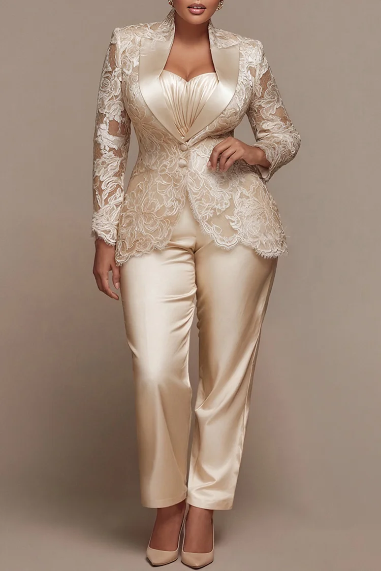 Xpluswear Design Plus Size Formal Champagne Lapel Collar Long Sleeve Contrast Elegant See Through Lace Satin Two Piece Pant Suits [Pre-Order]