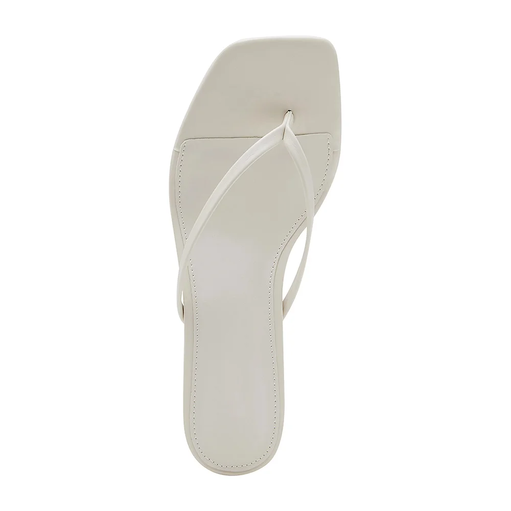 Square Toe Flip Flop Slip On Kitten Mid Heel White Sandals for Women