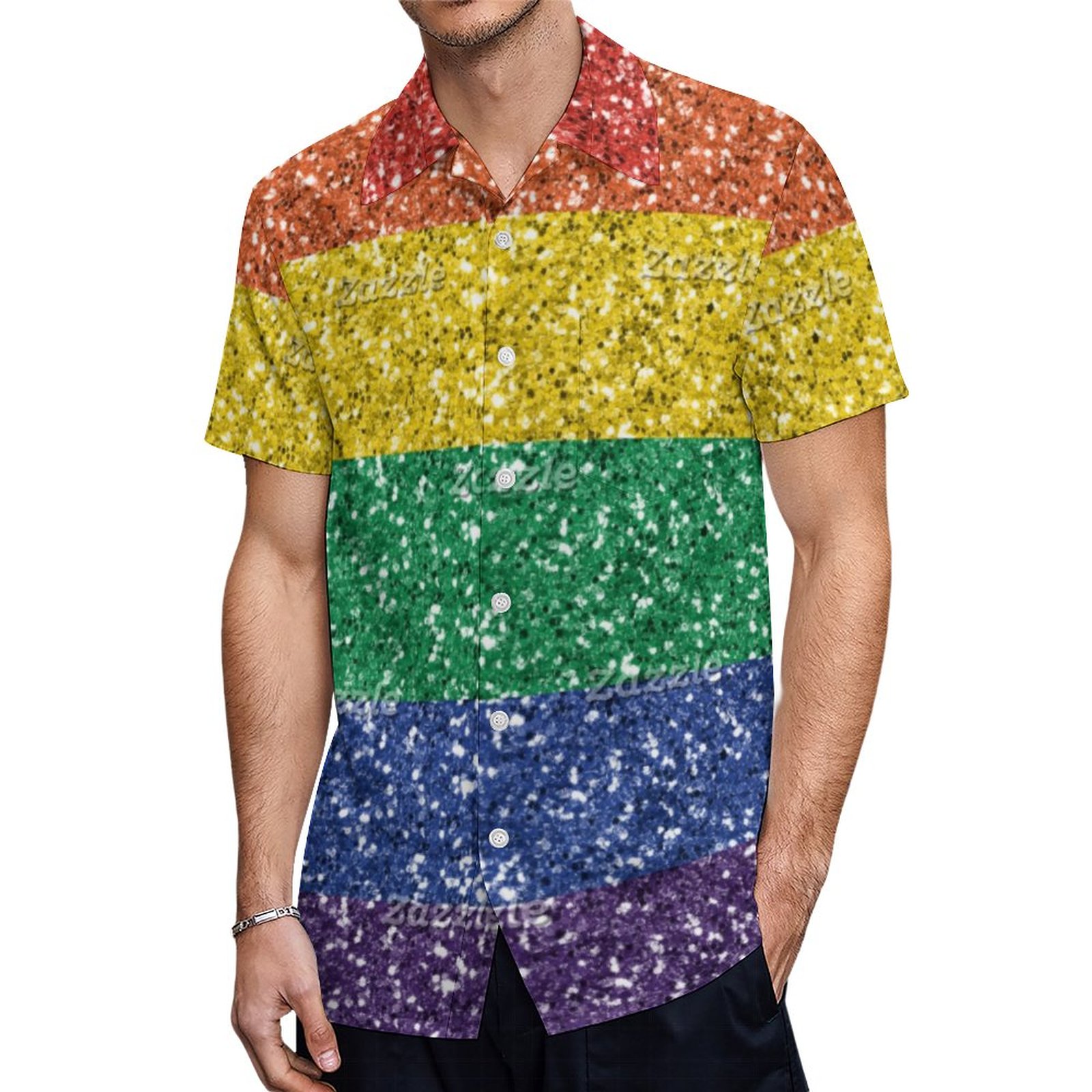 Rainbow Sequin Glitter Look Stripes Pride Hawaiian Shirt Mens Button Down Tropical Hawaii Beach Shirts