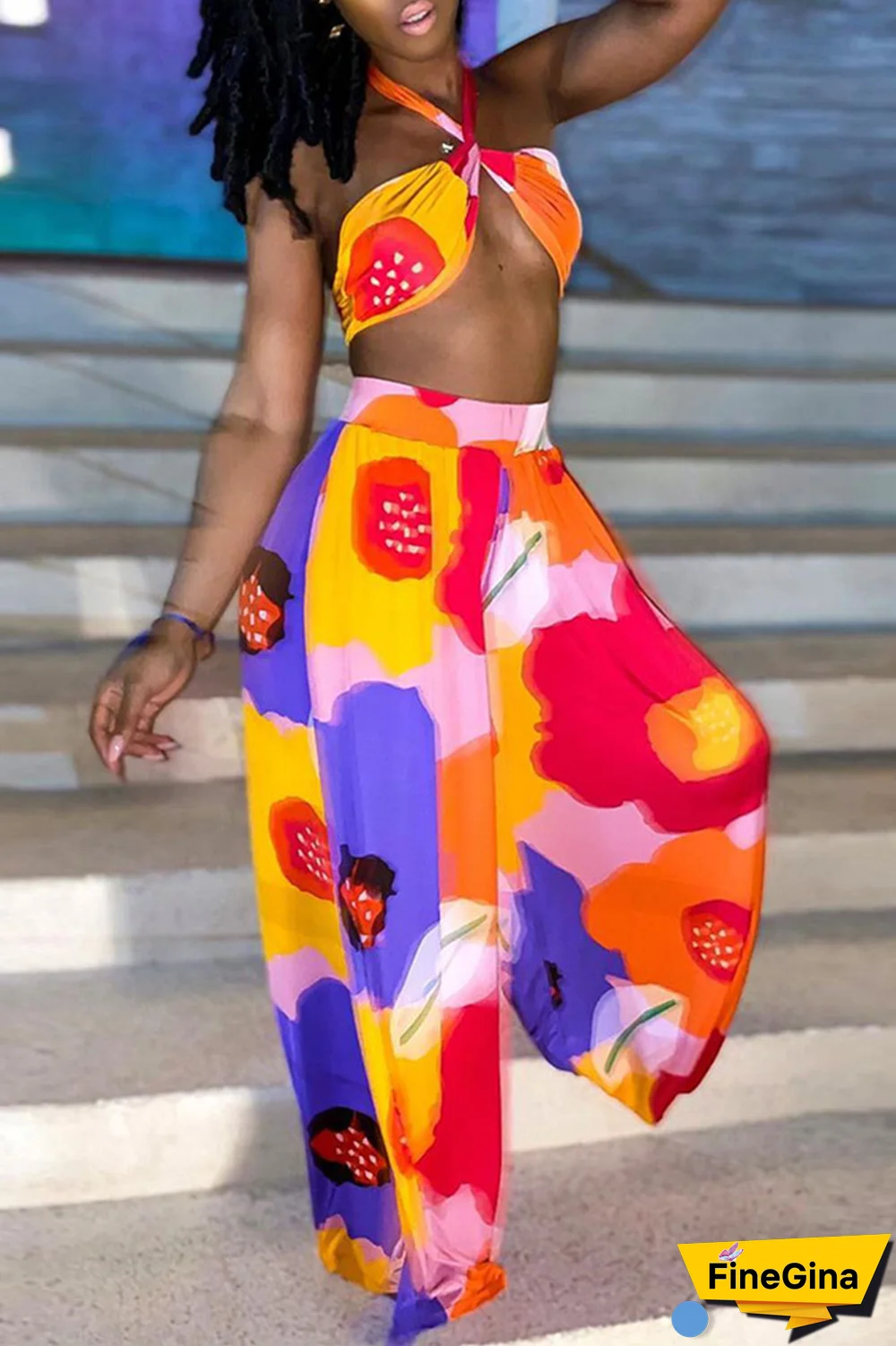 Sexy Print Split Joint Off The Shoulder Sleeveless Two Pieces