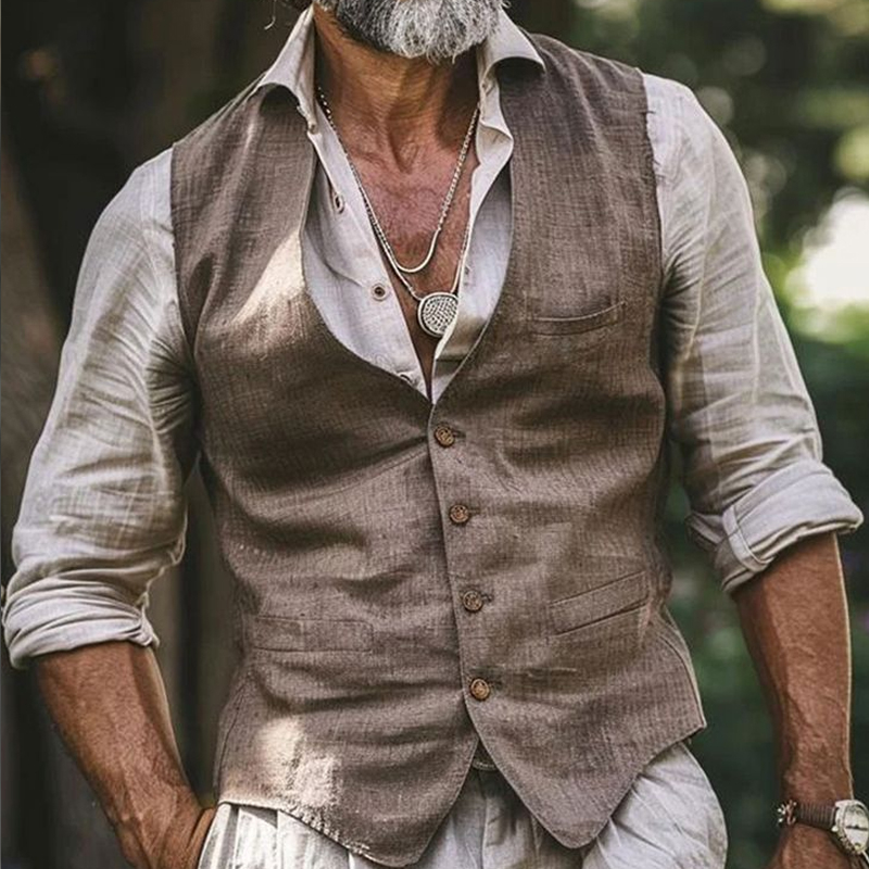Men's Brown Single-Breasted Cotton And Linen Vest