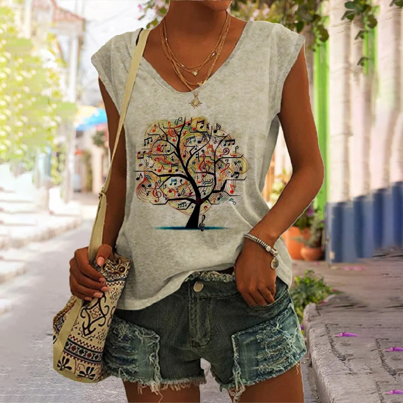 wearshes Hippie Music Tree Print Crew Neck Sleeveless Tank Top
