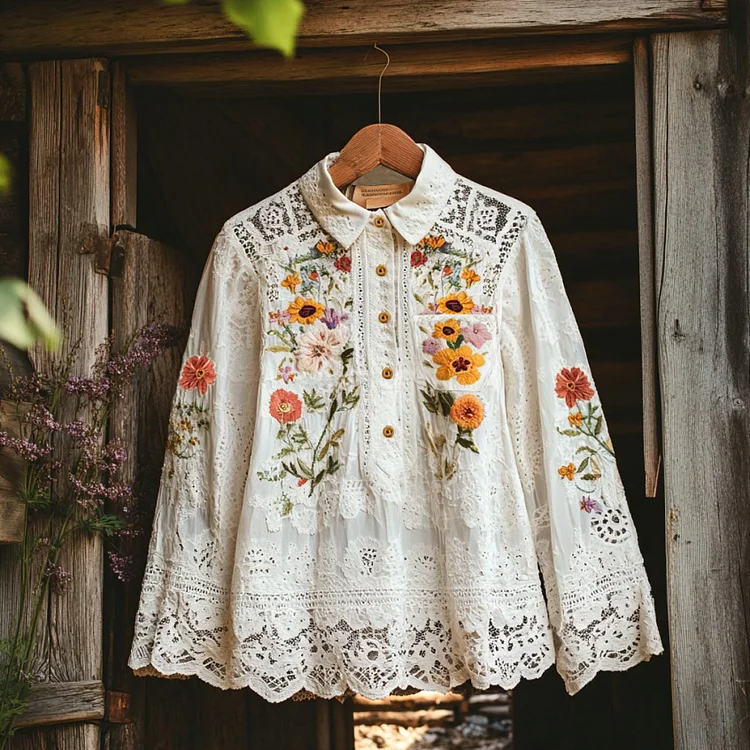 Lunivibe Elegant Lace Floral Embroidery Pocket Lapel Blouse