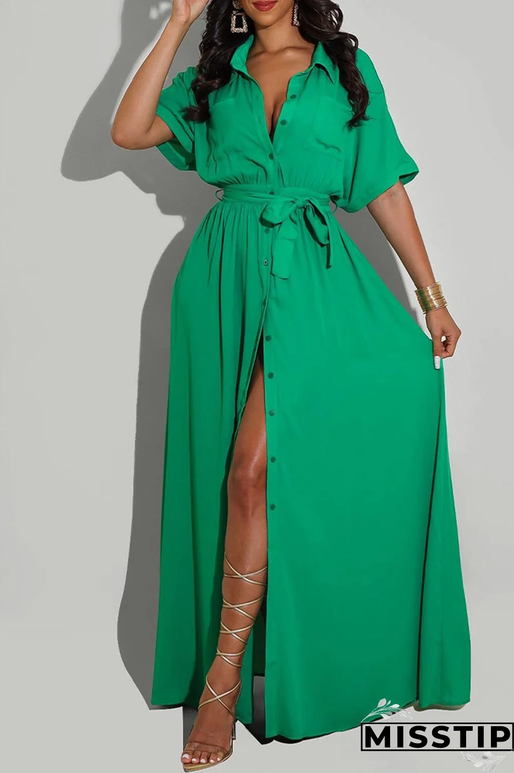 Green Fashion Casual Solid With Belt Turndown Collar Shirt Dress
