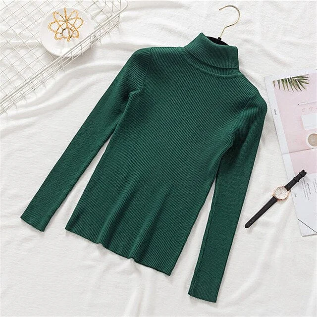 Hot Women Turtleneck Sweater Soft Striped Shirt Stretch Knit Pullovers Solid Casual Winter Autumn Fashion Ladies Korean Slim Top