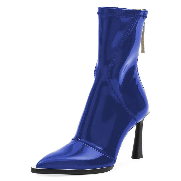Blue Mirror Zipper Pool Heel Mid-calf Boots by FSJ |FSJ Shoes